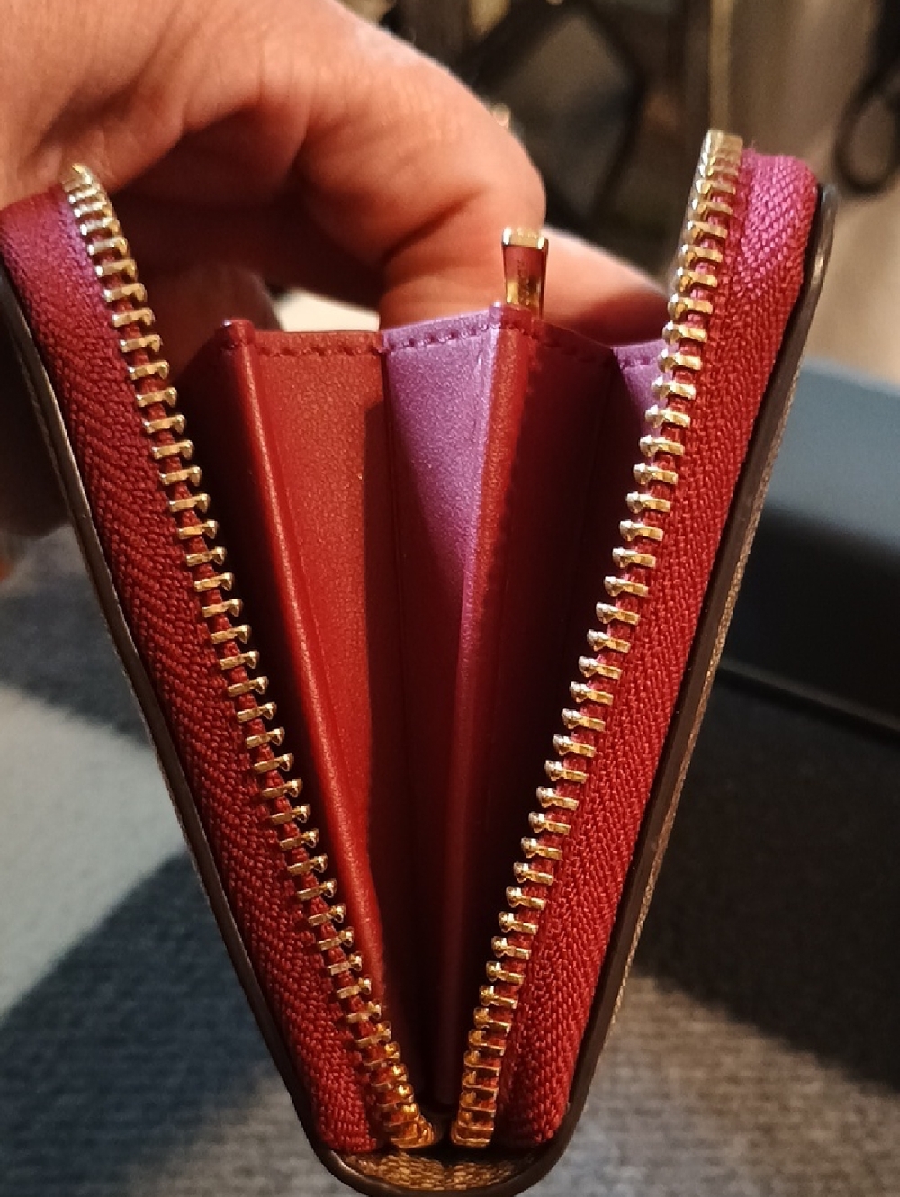 Coach Brown/Khaki Signature Zip Wallet with Wine Trim - Picture 8 of 10